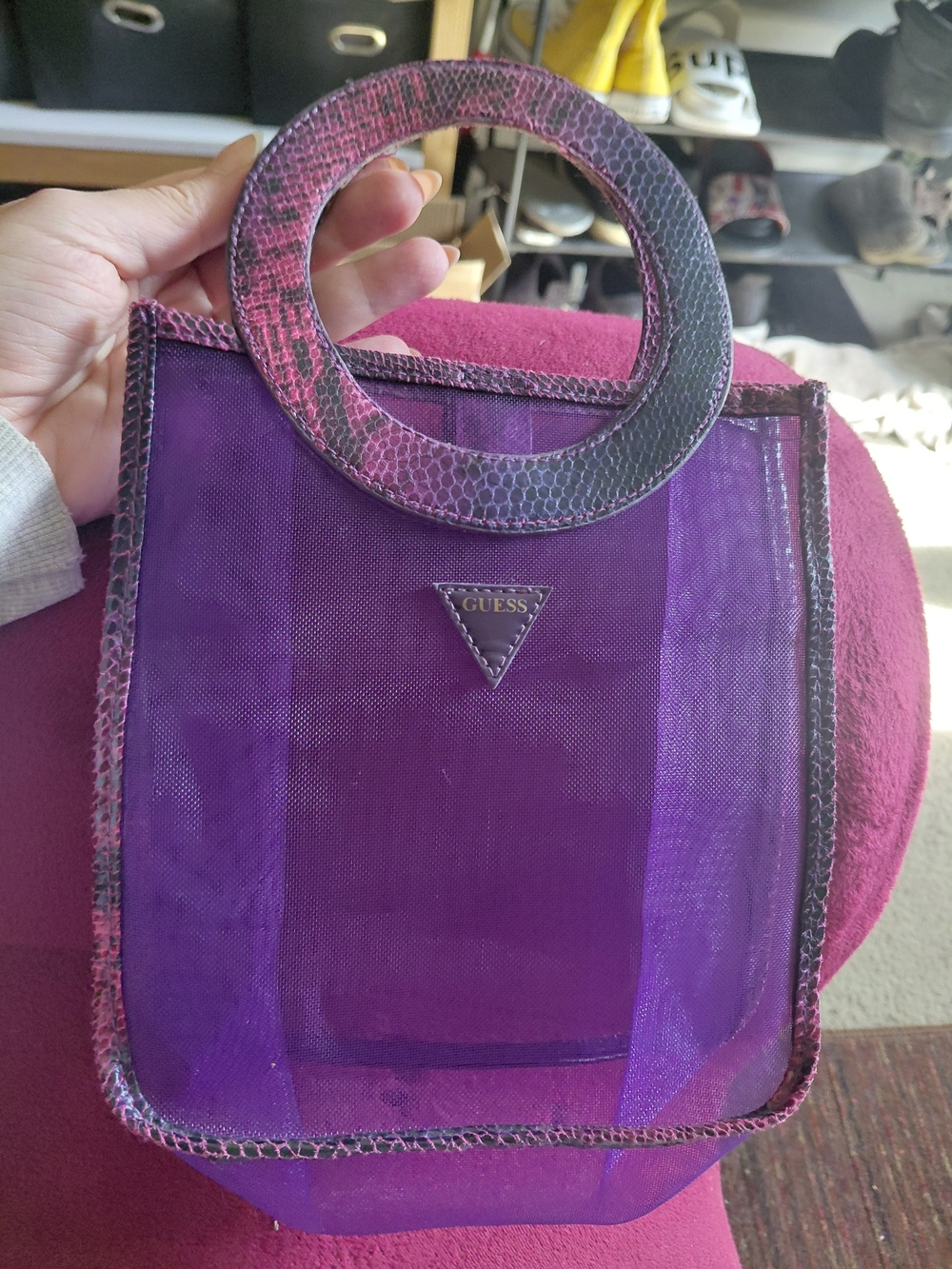 GUESS Purple Mesh Tote with Snake-Print Handles